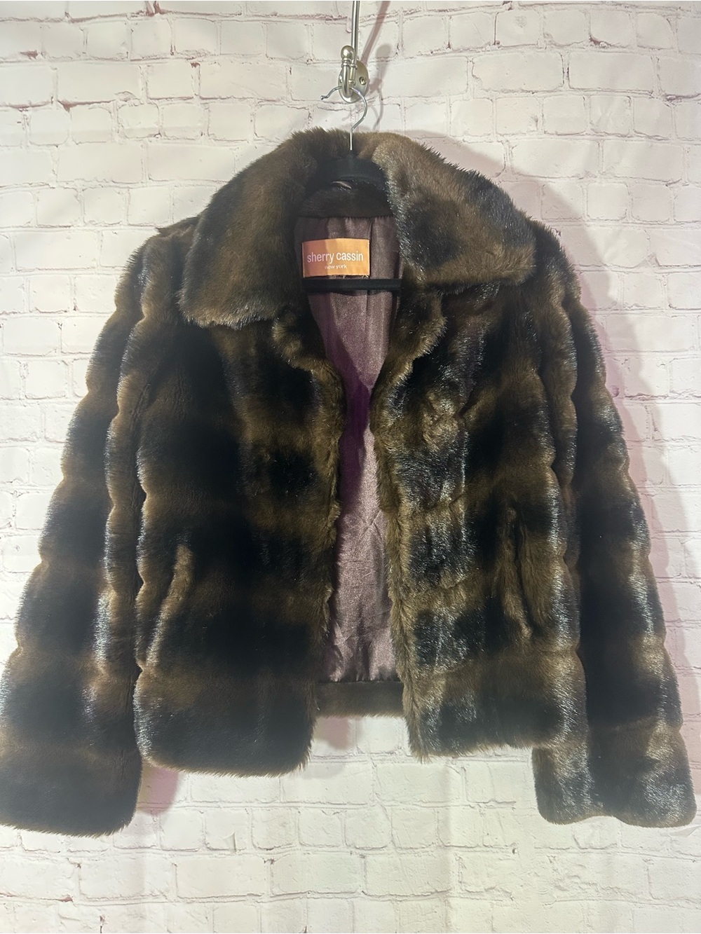 Sherry Cassin New York Faux Mink Fur Jacket Brown Black M Y2K